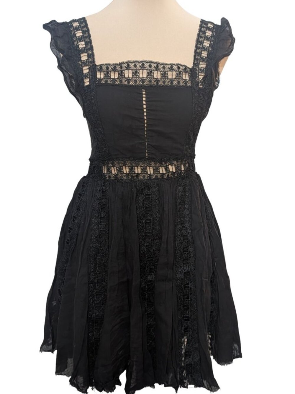 FP One Free People Black Crochet Openwork Mini Dress